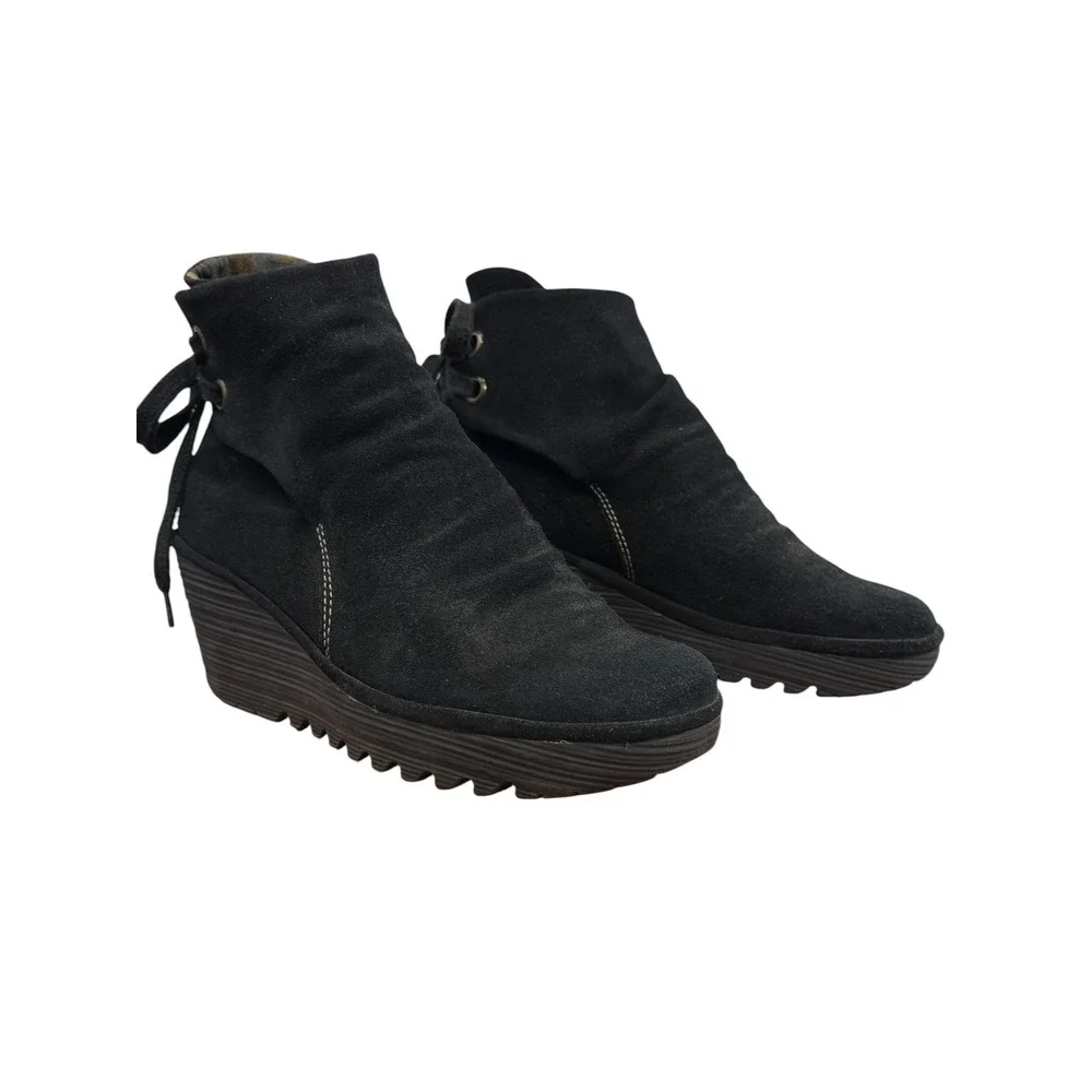 Fly London Yama Wedge Boot Ankle Women 39 8.5 Black Slouchy Artsy Comfort Suede